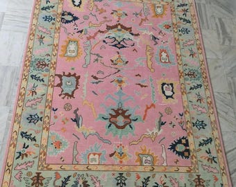 Alfombra Oushak rosa, alfombra turca vintage con estampado floral, tamaño personalizado (hecha a medida).