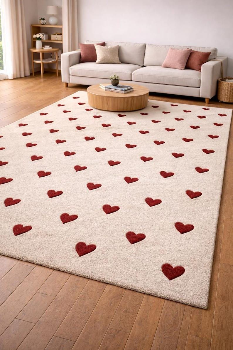 Cream Hand Tufted Wool Rug, Red Hearts Pattern, Cozy Bedroom Carpet - Etsy