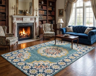 Hand Tufted Wool Medallion Rug, Traditional Persian Floral Area Rug (Blue)