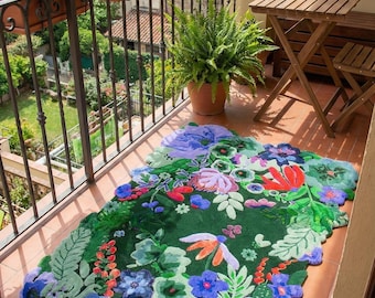 Alfombra de lana con estampado botánico floral tejida a mano, alfombra verde para sala de estar, decoración bohemia para el hogar y el jardín.