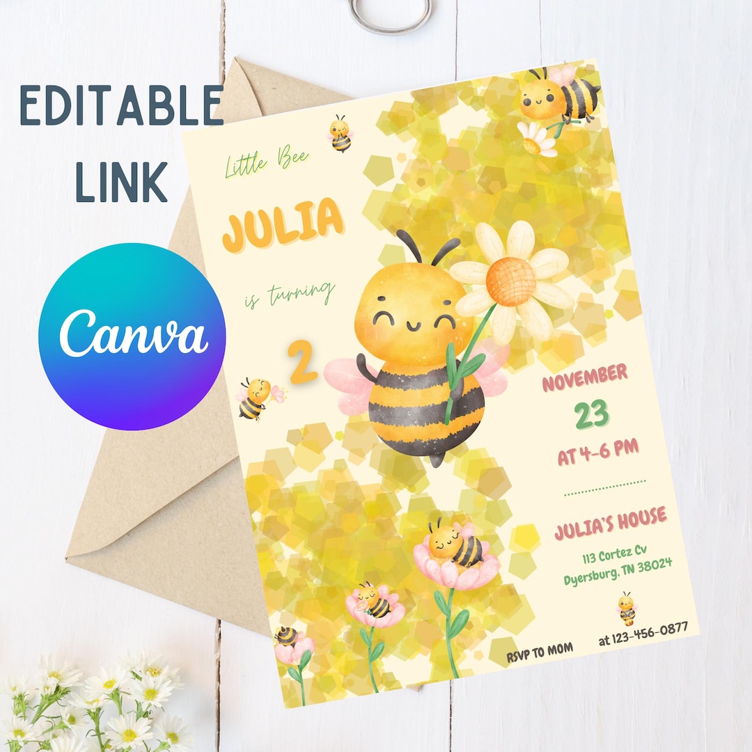 Bee Birthday Invitation | Honey Bee Party | Editable Canva Invite - Etsy
