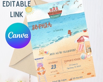 Beach Theme Birthday Invitation | Digital Ocean Party Invite