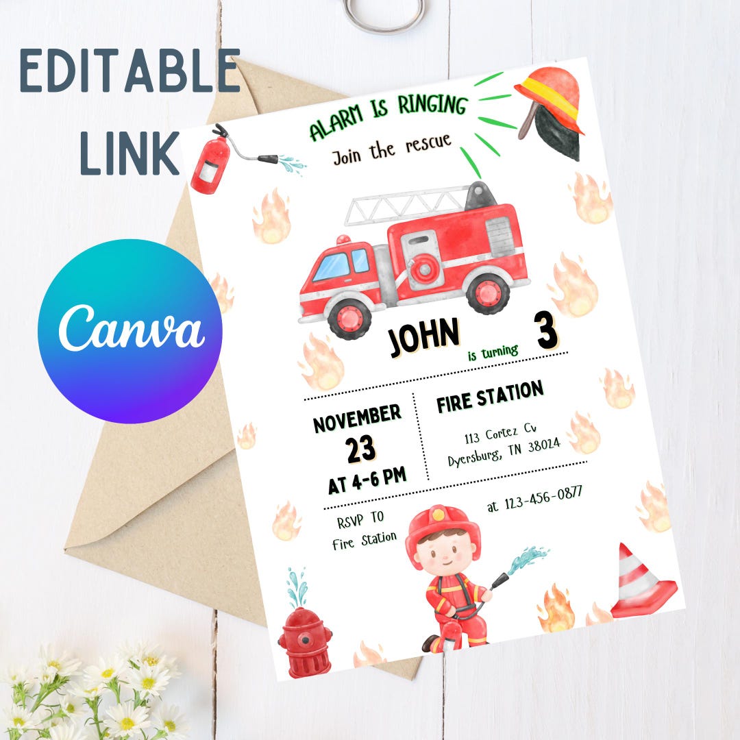 Fire Truck Birthday Invitation | Editable Canva Template | Firefighter ...