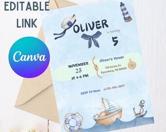 Sailor Party Invitation | Nautical Birthday Invite | Editable Canva Template