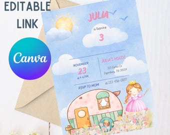 Princess Birthday Invitation | Digital Princess Party Invite | Canva Template
