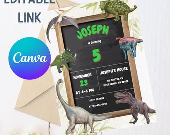 Dinosaurier-Geburtstagseinladung | Bearbeitbare Canva Vorlage | Digitale Party Karte | Personalisierbare Dino-Geburtstags-Einladung
