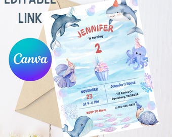 Ocean Birthday Invitation Template | Under The Sea Digital Invite | Shark Theme Editable Canva