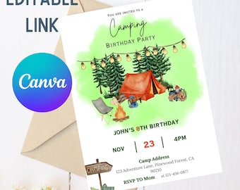 Camping Birthday Invitation Canva Template – Outdoors Adventure Party (PDF)