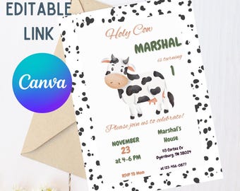 Holy Cow Birthday Invitation | Moo Moo Invite | Cow Theme Editable Template | Digital Birthday Invite PDF | Canva Template