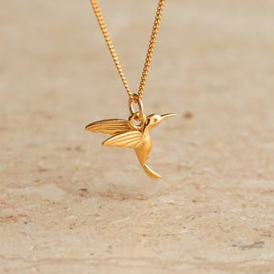 Peut inclure: Un collier pendentif colibri de couleur or. Le pendentif est une miniature détaillée d'un colibri aux ailes déployées. La chaîne du collier est délicate et dorée, suspendue sur un fond neutre.