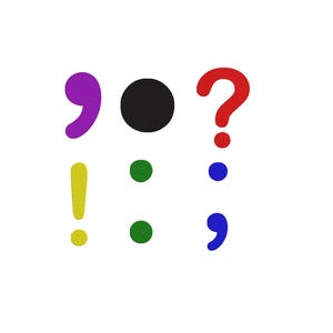 May include: A collection of colorful punctuation marks including a purple comma, a black period, a red question mark, a yellow exclamation point, two green colons, and a blue semicolon arranged in a grid against a plain white background.
