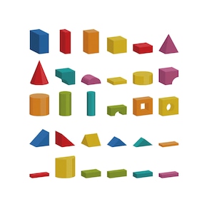 May include: A collection of thirty-one geometric building blocks in various colors including blue, red, orange, yellow, green, teal, and purple. The shapes include cubes, rectangular prisms, cylinders, cones, triangles, and blocks with cutouts.