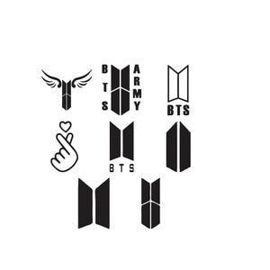 May include: A collection of black graphic decals featuring various BTS logos and symbols. Designs include the BTS logo, the BTS ARMY emblem, a finger heart icon, and a winged logo. Each graphic is rendered in a solid black color on a white background.