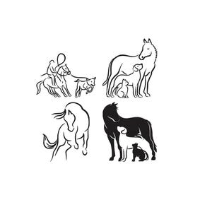 May include: A collection of four black line art illustrations featuring animals. The top left shows a person riding a horse with a dog. The top right depicts a horse, dog, and cat. The bottom left shows a horse, and the bottom right shows a horse, dog, and cat.