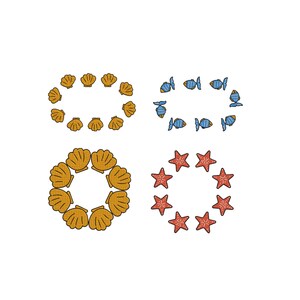 Könnte beinhalten: Vier kreisförmige Anordnungen gestickter Motive: ein Ring aus gelben Jakobsmuscheln oben links, ein Ring aus blauen Fischen oben rechts, ein Ring aus größeren gelben Muscheln unten links und ein Ring aus roten fünfzackigen Seesternen unten rechts.