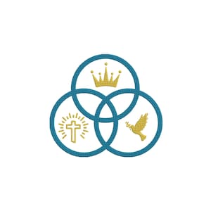 May include: An embroidery design featuring three interlocking teal circles. Inside the top circle is a gold crown. The bottom left circle contains a gold cross with radiating lines, and the bottom right circle features a gold dove in flight.