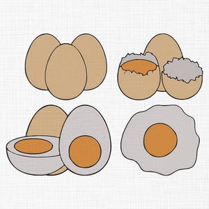 May include: Illustration of eggs in various states: whole, cracked, and cooked. The eggs are depicted in a cartoon style with a light brown shell and a bright orange yolk. The background is a textured white.
