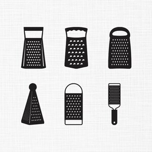 May include: A collection of six black kitchen graters in various shapes and sizes. The graters include box graters, a cone grater, and a flat grater, all with perforated surfaces for grating food. The image is a simple, graphic illustration.