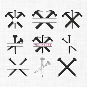 May include: A collection of nine black and white hammer and nail designs. Some designs feature crossed hammers and nails, while others include space for text. The text "YOUR TEXT" is visible in one design.