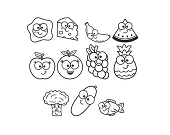 Food characters Outline Embroidery, Kawaii Food Embroidery,  Fruits, Vegetables,  foods like cheese and a fried Face Machine Design, 6 Sizes