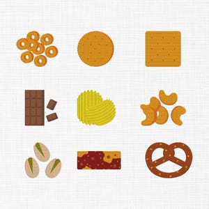 Peut inclure: Illustration de divers en-cas, dont un bretzel, des crackers, des chips, des noix, du chocolat et une barre granola. Les en-cas sont de formes et de couleurs variées, comme le marron, le jaune et l'orange, sur fond blanc.