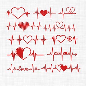 Pode incluir: Designs vermelhos de monitor de frequência cardíaca em um fundo branco. A imagem apresenta várias formas de coração estilizadas e padrões de ondas de eletrocardiograma (ECG), incluindo corações com símbolos de cruz e a palavra "love".