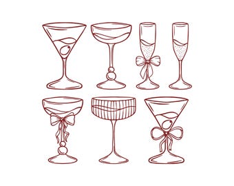 Cocktailglazen lijntekeningen borduurwerk ontwerpen, overzicht feestelijke vakantiedrankjes, feestdecor, barhanddoeken, glazen machineborduurwerk, 6 maten