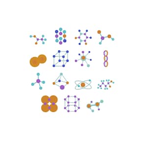 Peut inclure: Plusieurs illustrations colorées de structures moléculaires. Les motifs présentent diverses formes et arrangements de sphères reliées par des lignes, dans des tons orange, bleu, violet et sarcelle, sur fond blanc.