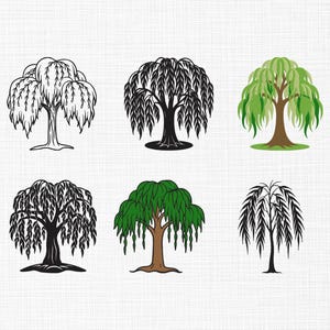Può includere: Sei illustrazioni stilizzate di salici piangenti. Gli alberi sono raffigurati in vari stili, tra cui disegni a tratto in bianco e nero, silhouette nere piene e versioni a colori con foglie verdi e tronchi marroni. Sfondo bianco.