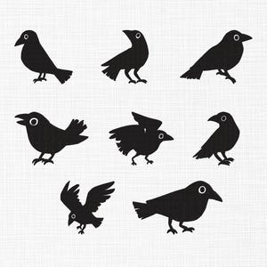 May include: A collection of eight black crow silhouettes in various poses against a white background. Each crow has a simple, cartoonish design with a white eye. The crows are depicted standing, perched, and in flight.