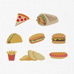 May include: An assortment of embroidered fast food items, including a pizza slice, burrito, taco, sandwich, hamburger, chips, potato crisps, and a hot dog. The items are in various colours against a white background.