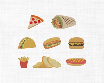 Fast Food Machine Embroidery Design, Pizza Slice, Burrito, Taco, Sub Sandwich, Hamburger, French Fries, Bread Slices, and Hot Dog, 6 Sizes