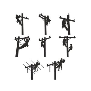 Op de afbeelding: Zwarte silhouet illustraties van elektriciens op telefoonpalen. De afbeeldingen tonen arbeiders die klimmen, werken en aan de palen hangen. De palen staan tegen een witte achtergrond.