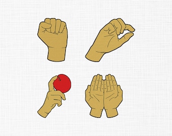 Borduurontwerp handgebaar, gesloten vuist, knijpgebaar, hand met een rode appel, twee open handpalmen naar boven gericht, menselijke hand, 6 maten