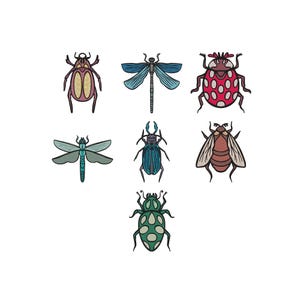 Op de afbeelding: Zeven gedetailleerde illustraties van insecten, waaronder een libelle en een lieveheersbeestje, in verschillende kleuren tegen een witte achtergrond. De insecten zijn afgebeeld in tinten blauw, rood, groen en bruin, met een geborduurd uiterlijk. De afbeelding toont een verscheidenheid aan insecten.