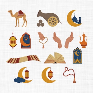 May include: A collection of vector illustrations featuring Islamic symbols. The images include a camel, cannon, crescent moons with mosques, lanterns, prayer beads, an open book, and hands in prayer. The color palette consists of warm tones like gold, brown, and orange.