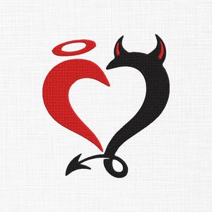 May include: A graphic design featuring a red heart shape with a halo, merging into a black devil shape with horns and a tail. The design is set against a white background.