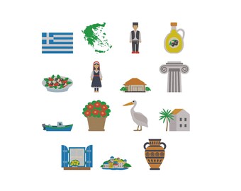 Greece Icons Bundle Embroidery Design, Greek culture, Flag, map, cuisine, and landmarks Machine Embroidery dEsign Pattern Files, 6 Sizes