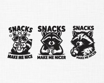 Snacks Make Me Nicer Embroidery Design, Funny Raccoon Snack Quote Machine Embroidery Pattern Files, DST PES JEF, 5 Sizes