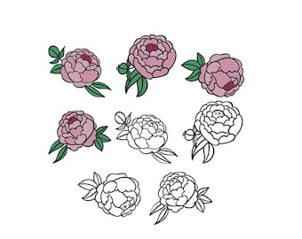 Peony Flower Bundle Embroidery, Pink Flowers Embroidery, Peony flowers Outline Machine Embroidery, Mini Flowers Line Art Embroidery,6 Sizes