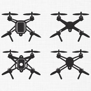 Peut inclure: Quatre illustrations de drones noirs avec hélices et train d'atterrissage. Chaque drone a une conception de corps différente, avec des variations dans le cadre central et le placement de la caméra. Les drones sont sur un fond blanc texturé.