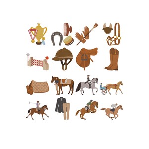 May include: A collection of equestrian icons including a gold trophy, horseshoe, grooming brush, riding gloves, crop, bridle, jump obstacle, helmet, saddle, tall boots, saddle pad, horses with riders, a sulky cart, and riding apparel.