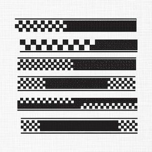 May include: Six black and white checkered border designs. Each border has a repeating checkerboard pattern at the ends and a solid black centre. The borders are horizontal and the checkerboard patterns vary slightly.