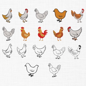 May include: A collection of cartoon chickens in various poses and colors. The chickens are depicted in shades of gray, brown, orange, and red, with some in black and white. The image features a variety of chicken illustrations, suitable for farm-themed designs.