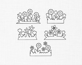 Lentebloemcontouren met grasborduurontwerp, omtrekborduurwerk minibloemen, bloemen machineborduurontwerpbestanden, 6 maten