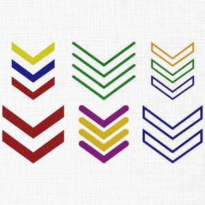 May include: Six colorful chevron designs in various color combinations, including red, yellow, blue, green, orange, and purple. The designs are arranged on a white textured background.