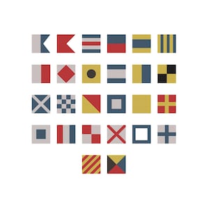 May include: A collection of 26 nautical signal flags, each a unique design of geometric shapes and colors. The flags are arranged in a grid pattern against a white background. Colors include red, yellow, blue, black, and white.