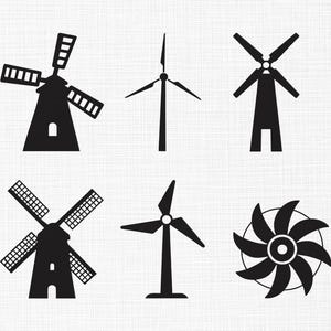 Puede incluir: Seis ilustraciones en silueta negra de molinos de viento y aerogeneradores. Los diseños muestran diferentes estilos de aspas y estructuras, ideales para proyectos de diseño o materiales educativos.