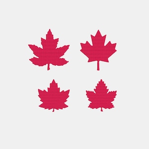 May include: Four red maple leaf shapes of varying sizes are arranged on a white background. The leaves have a textured appearance, and their iconic shape is clearly defined, representing Canadian symbolism.