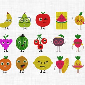 Op de afbeelding: Een verzameling kleurrijke, cartoonachtige fruitkarakters, waaronder een banaan, een peer, een appel, een watermeloen en een sinaasappel. Elk fruit heeft een unieke uitdrukking en ontwerp, met benen en armen, wat een speels en grillig thema creëert.